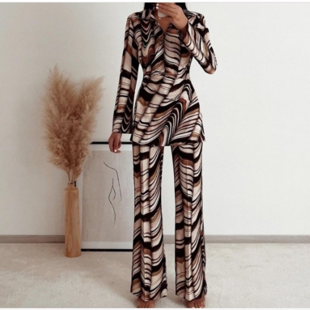 Zara Printed Pants and Matching Top Co-ord Set White Brown Sz XS NWT